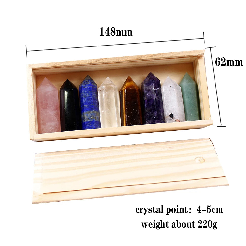 1set Wooden box gift box High quality Decorative Natural Hand Carved crystal points quartz wand pillar for sale healing Wand