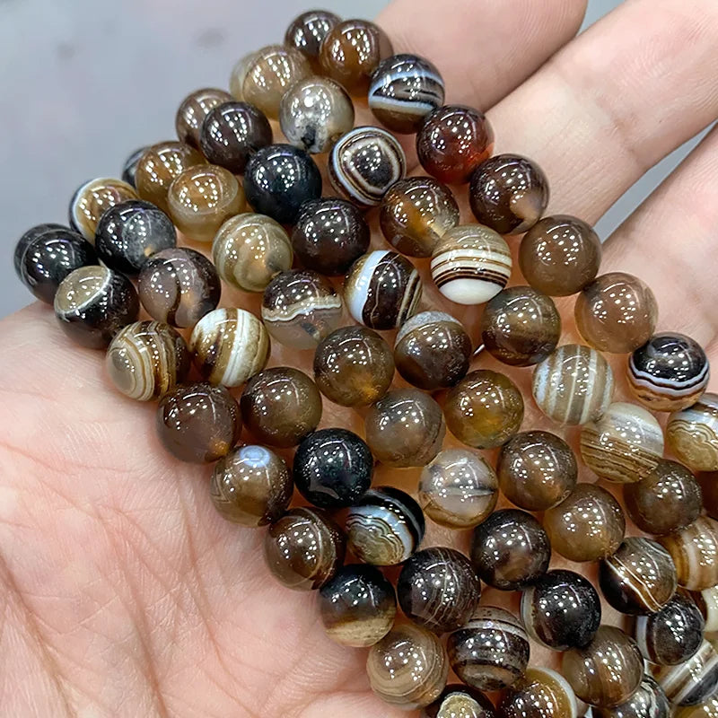 Natural Stone Brown Stripes Agates Round Beads Diy Bracelet Necklace Accessories for Jewelry Making 15" Strand 4 6 8 10 12 14MM
