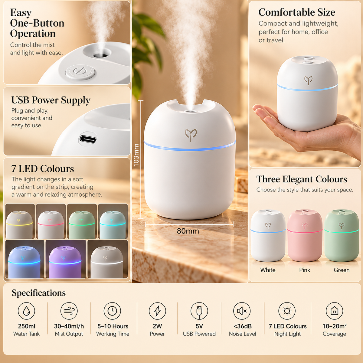 Mini USB Humidifier – 250ml LED Night Light