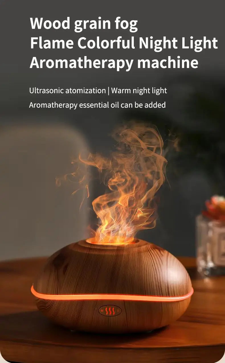HOMEFISH 200ML Flame Aroma Diffuser with 7 Colors Night Light Portable Wood Grain USB Humidifier Cool Mist Essential Oil Fragran