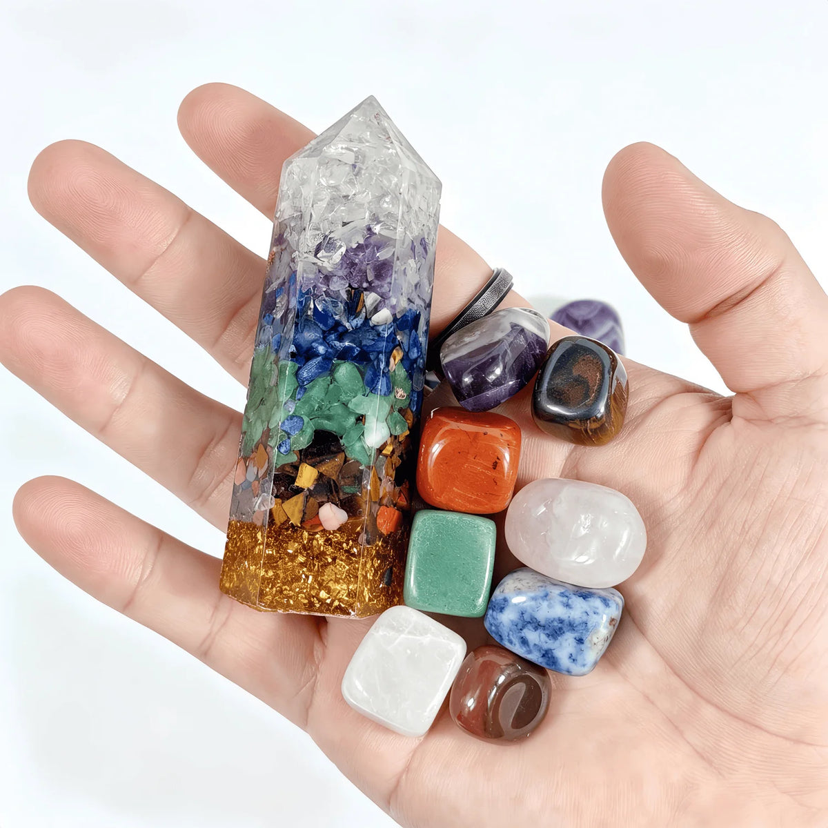 9PCS 7 Chakra Points,Tiger Eye Stone Beads Amethyst Crystal Pillar Set Yoga Aagnetic Field Home Decoration Gift