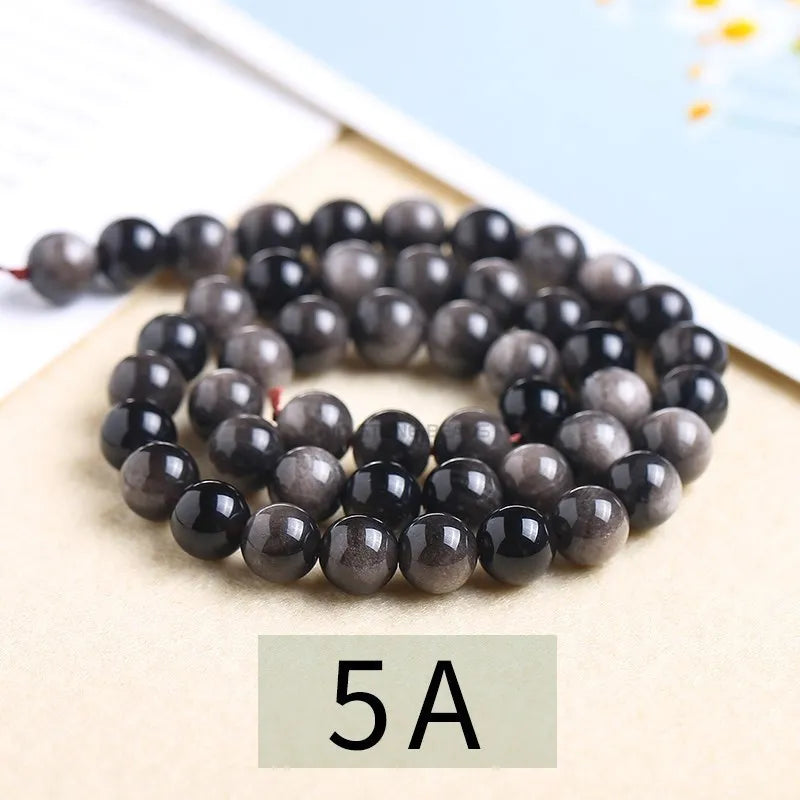 Natural Stone Golden Black Obsidian Bead Shinny Round Loose Gemstone Bead for Jewelry Making Diy Bracelet Necklace Accessory 15"