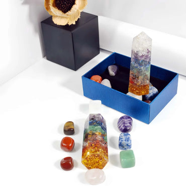 9PCS 7 Chakra Points,Tiger Eye Stone Beads Amethyst Crystal Pillar Set Yoga Aagnetic Field Home Decoration Gift