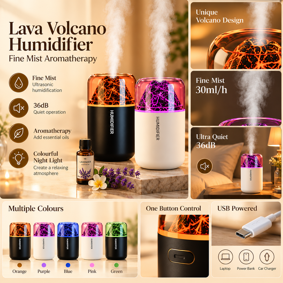 Lava Volcano Aroma Diffuser – Colourful Night Light