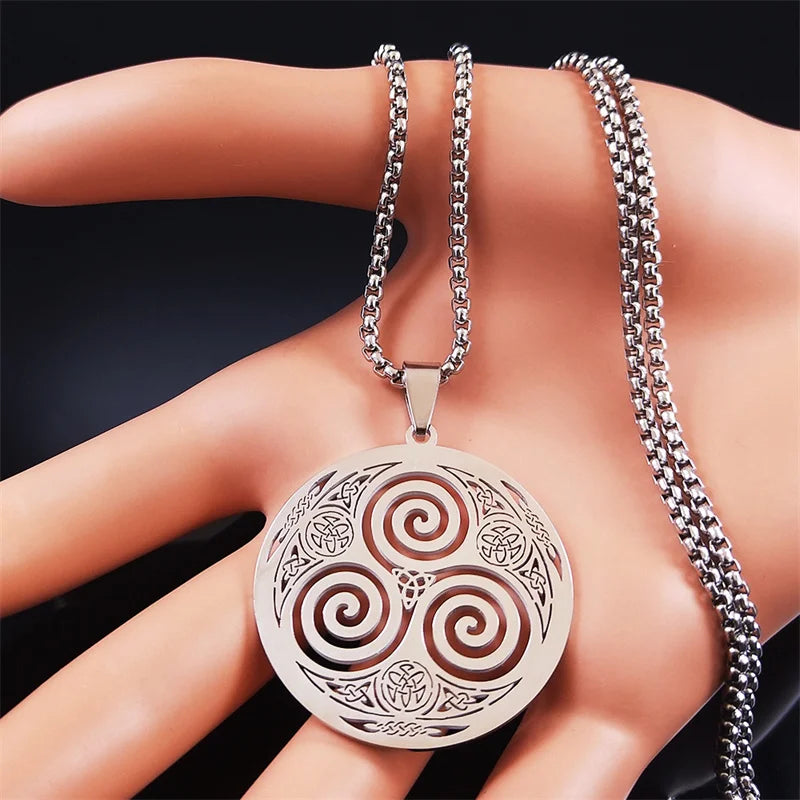 Stainless Steel Witchcraft Vortex Necklace Silver Color Viking Triskelion Celtic Knot Spiral Triskele Necklace Jewelry N7062S02