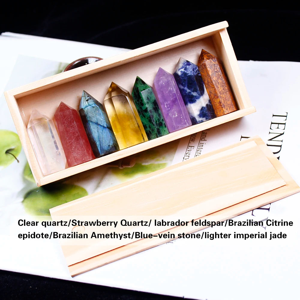1set Wooden box gift box High quality Decorative Natural Hand Carved crystal points quartz wand pillar for sale healing Wand