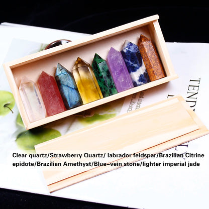1set Wooden box gift box High quality Decorative Natural Hand Carved crystal points quartz wand pillar for sale healing Wand