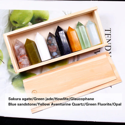 1set Wooden box gift box High quality Decorative Natural Hand Carved crystal points quartz wand pillar for sale healing Wand