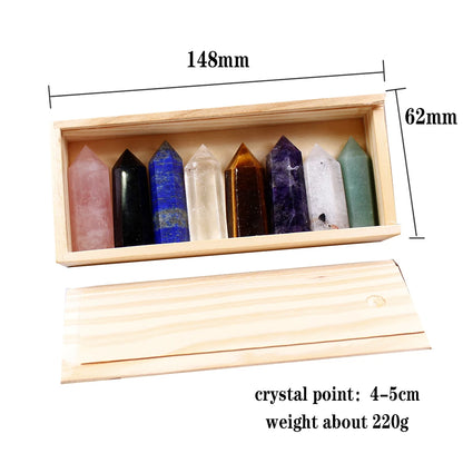 1set Wooden box gift box High quality Decorative Natural Hand Carved crystal points quartz wand pillar for sale healing Wand