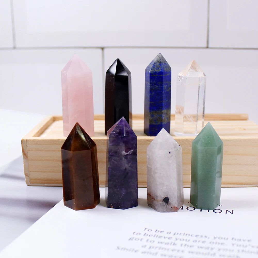 1set Wooden box gift box High quality Decorative Natural Hand Carved crystal points quartz wand pillar for sale healing Wand