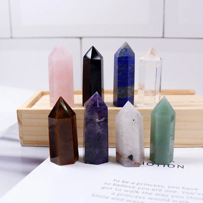 1set Wooden box gift box High quality Decorative Natural Hand Carved crystal points quartz wand pillar for sale healing Wand