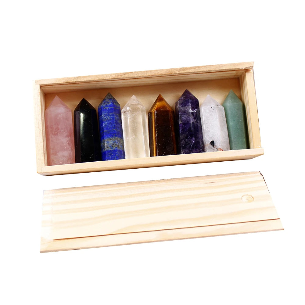 1set Wooden box gift box High quality Decorative Natural Hand Carved crystal points quartz wand pillar for sale healing Wand