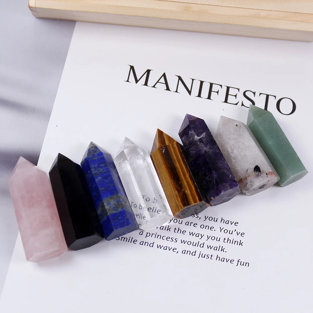 1set Wooden box gift box High quality Decorative Natural Hand Carved crystal points quartz wand pillar for sale healing Wand