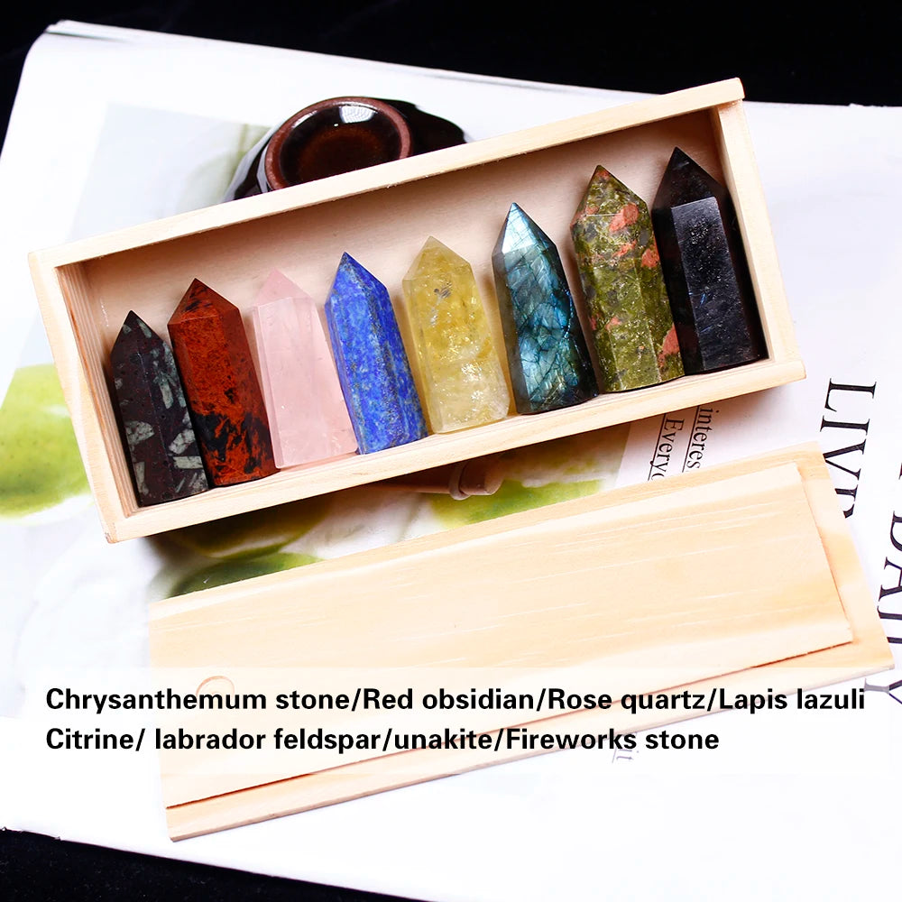 1set Wooden box gift box High quality Decorative Natural Hand Carved crystal points quartz wand pillar for sale healing Wand