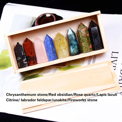 1set Wooden box gift box High quality Decorative Natural Hand Carved crystal points quartz wand pillar for sale healing Wand