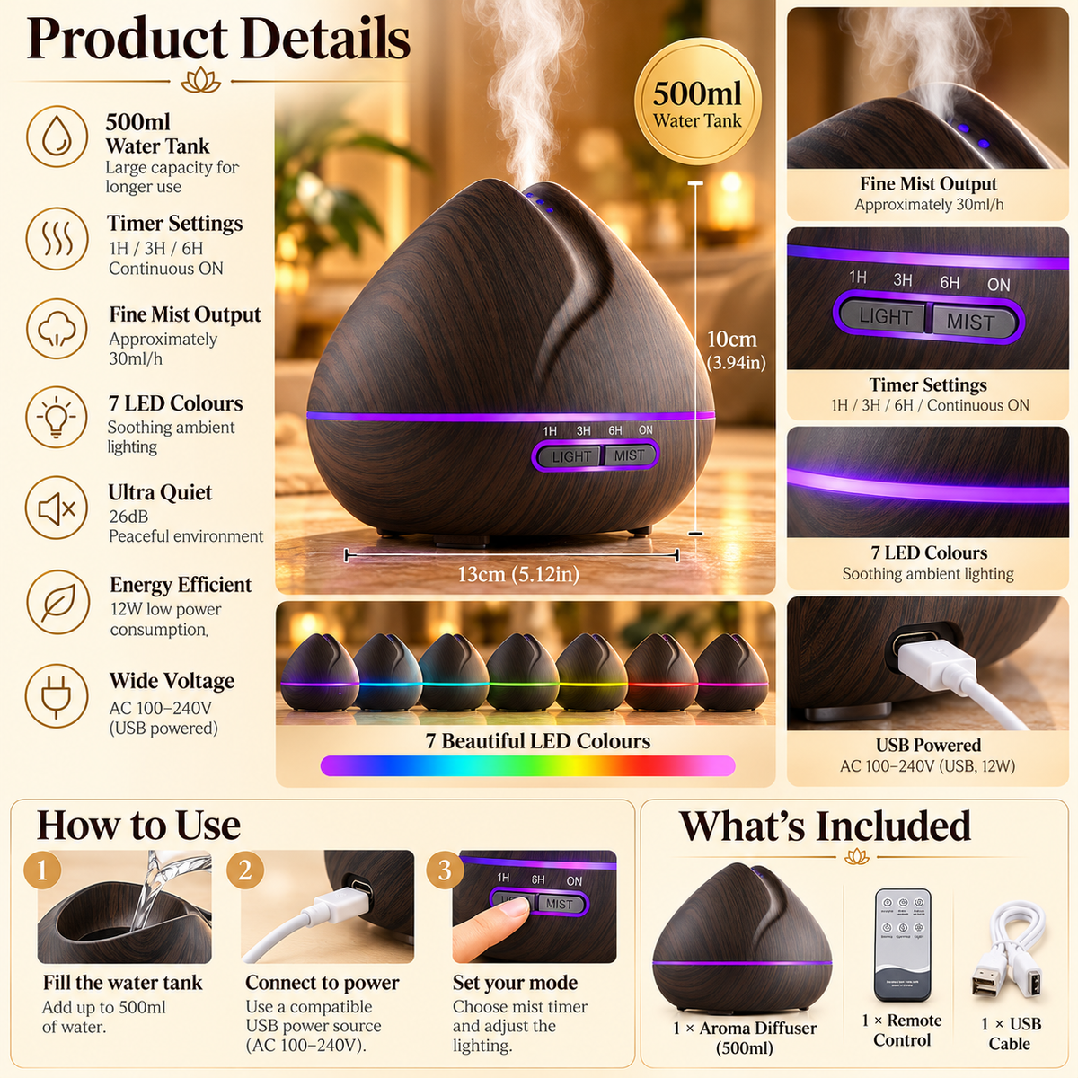 Ultrasonic Aroma Diffuser – Remote Control & LED Light
