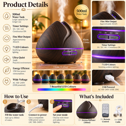 Ultrasonic Aroma Diffuser – Remote Control & LED Light