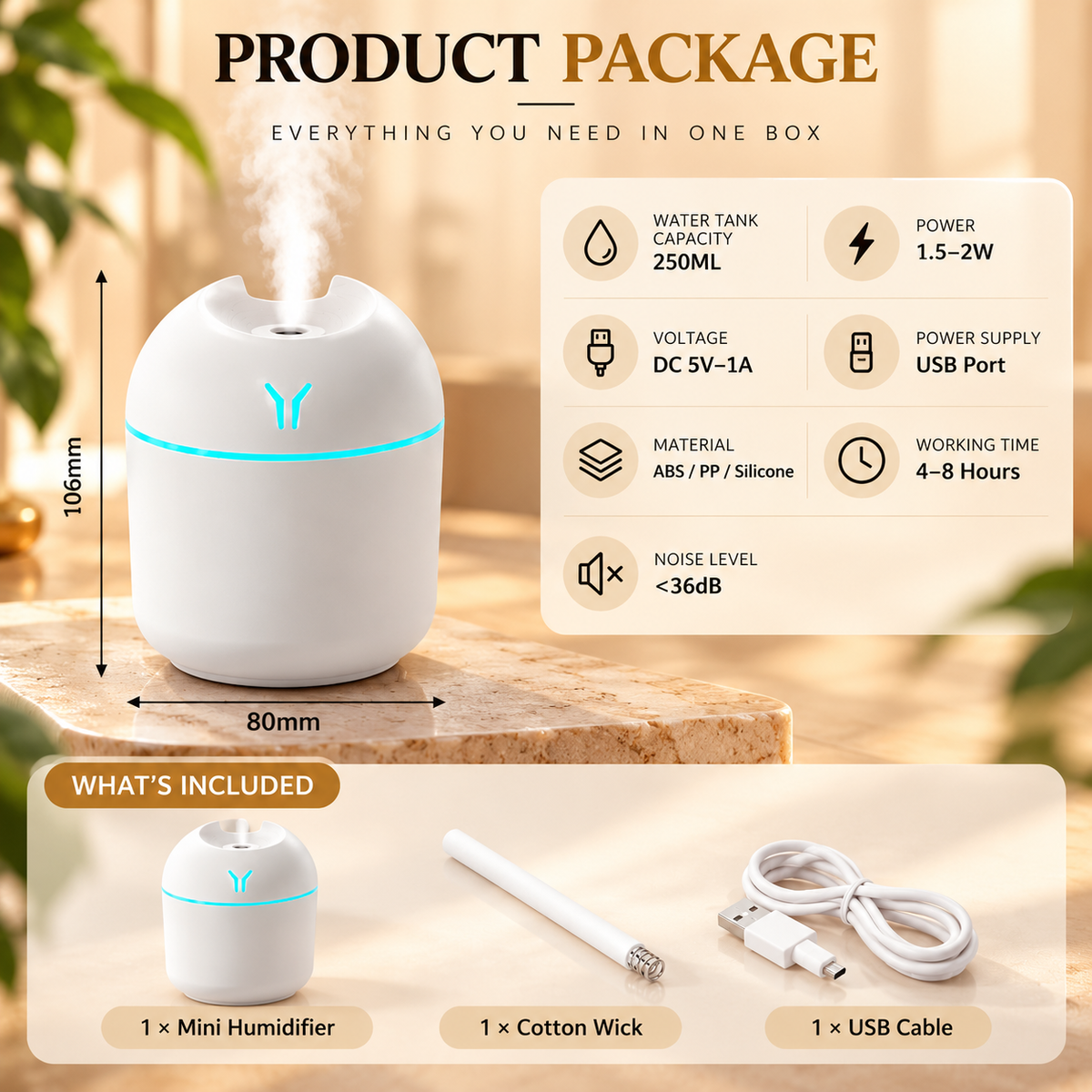 Mini USB Humidifier – 250ml LED Night Light