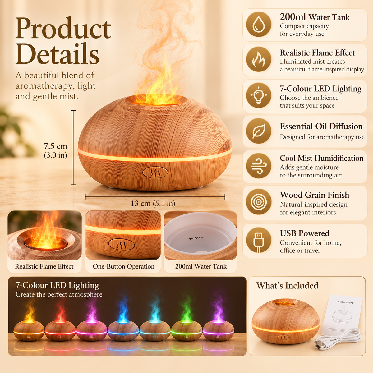 Flame Aroma Diffuser – 200ml Wood Grain
