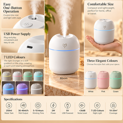 Mini USB Humidifier – 250ml LED Night Light