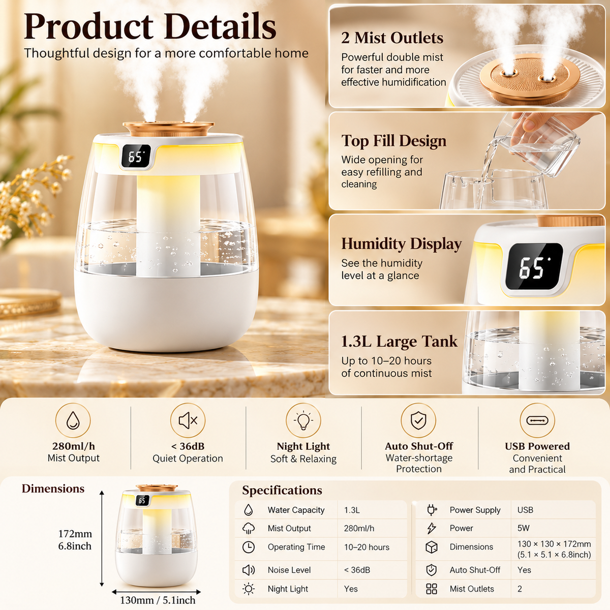 Dual Mist Air Humidifier – 1.3L