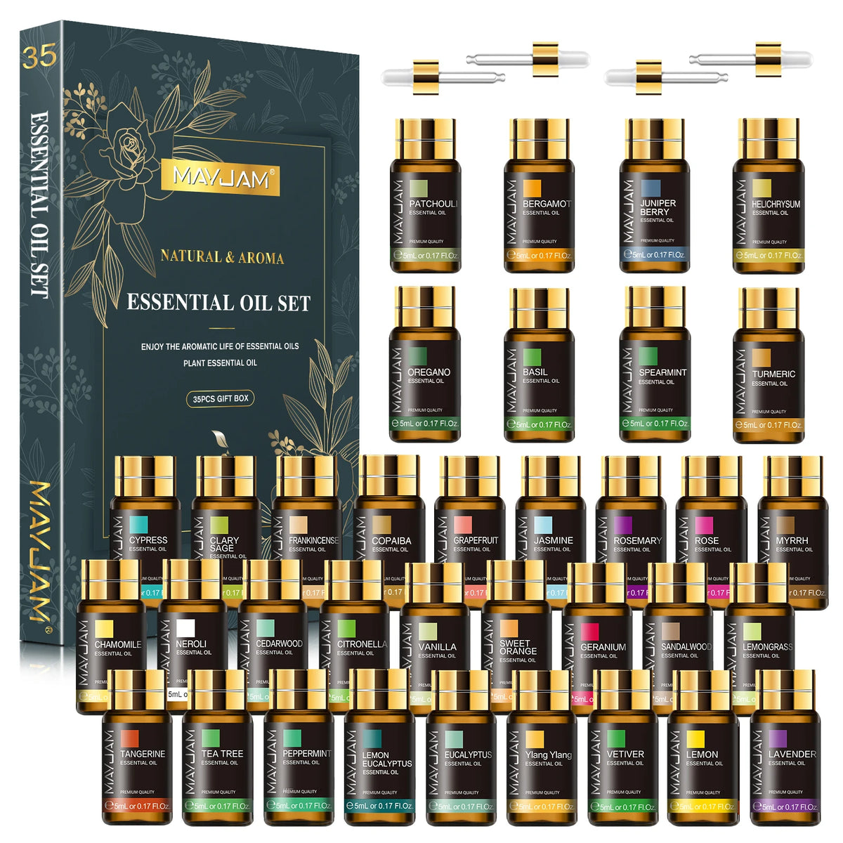 MAYJAM 35 Bottles Essential Oils Set Lavender Vanilla Oregano Neroli for Humidifier Diffuser Candle Making Air Freshener