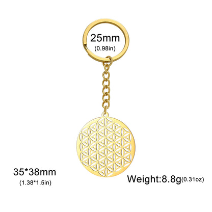 Skyrim Flower of Life Round Key Chain Stainless Steel Gold Color Pendant for Bag Sacred Geometry Amulet Keyring Accessories Gift