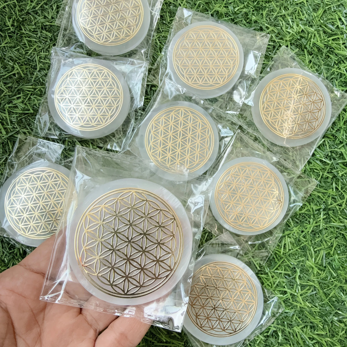 1pc Selenite Flower Charging Plate, Flower of Life Circle, selenite slab, Flower of life selenite plate, fibrous gypsum Selenite