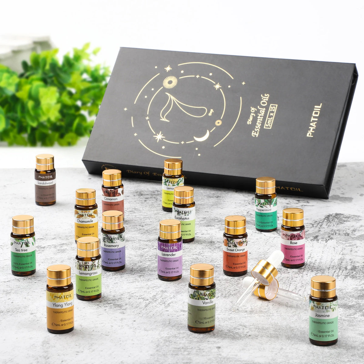PHATOIL 15PCS Aromatherapy Essential Oils Gift Set For Diffuser Soap & Candle Making-5ml Cinnamon Lavender Eucalyptus Peppermint Lemon Vanilla Cinnamon Lemongrass Aroma Essential Oil