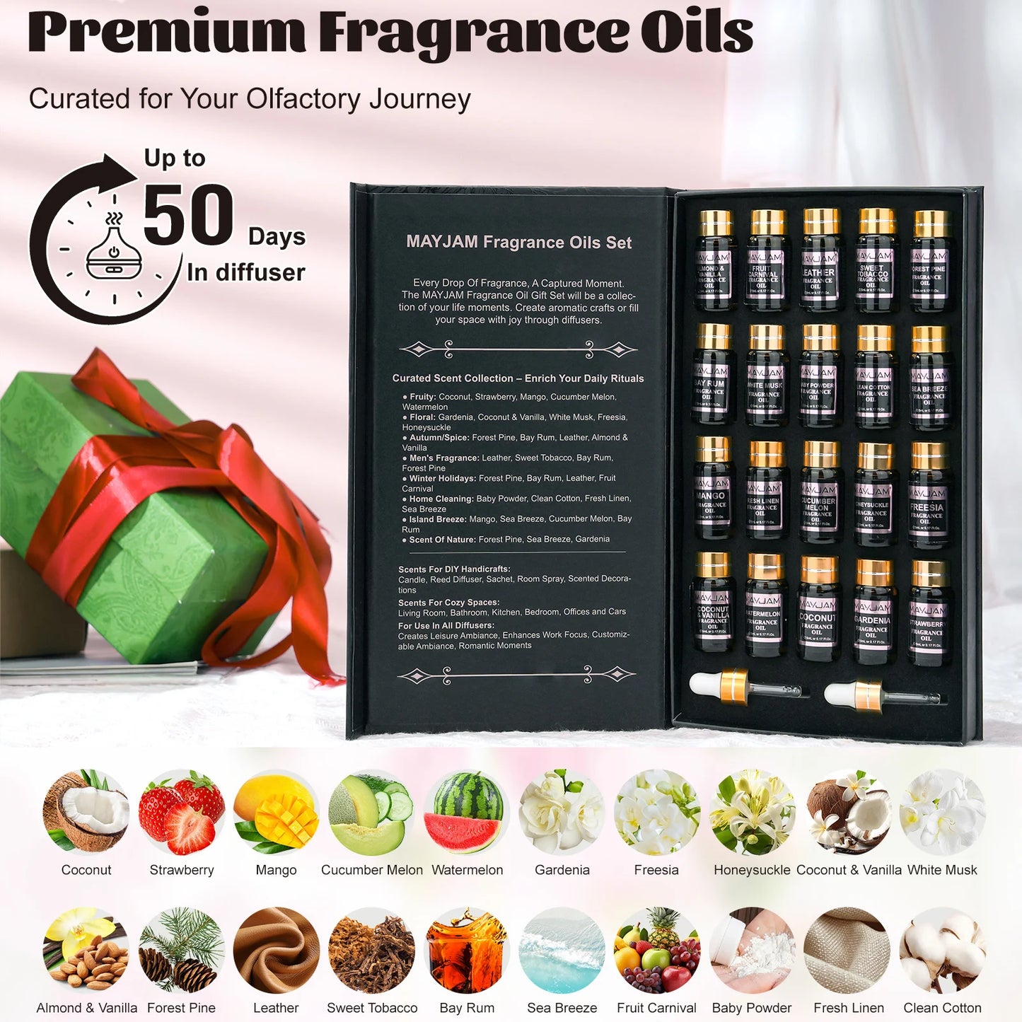 MAYJAM Christmas Gift Set 20pcs Fragrance Oil Coconut & Vanilla Baby Powder Freesia Leather Watermelon Cucumber Melon Aroma Oil