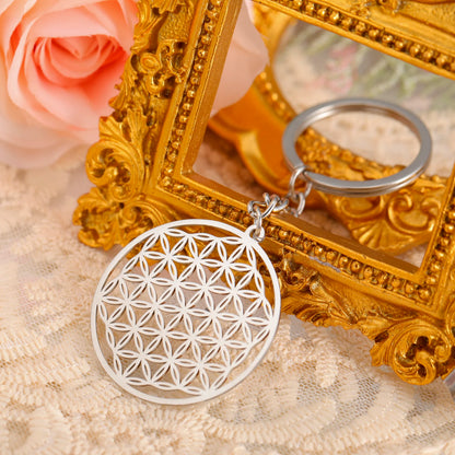 Skyrim Flower of Life Round Key Chain Stainless Steel Gold Color Pendant for Bag Sacred Geometry Amulet Keyring Accessories Gift