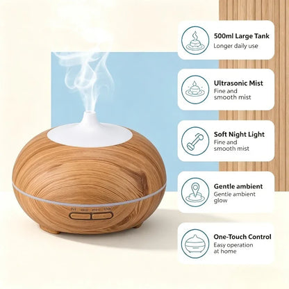 500ml Wood Grain Ultrasonic Aroma Diffuser, Essential Oil Humidifier with RGB 7 Colors Night Light, Quiet Timer Scent Machine for Bedroom Office Yoga Room Up to 30㎡