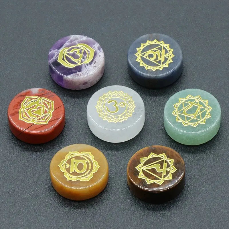 7pcs/Pack Round Shaped 7 Chakra Natural Stone Ornament Amethyst Quartz Energy Engraved Symbols Reiki Divination Healing 16-18mm