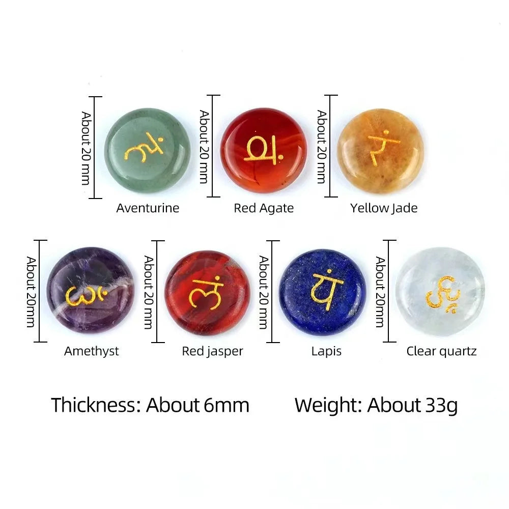 7pcs/Pack Round Shaped 7 Chakra Natural Stone Ornament Amethyst Quartz Energy Engraved Symbols Reiki Divination Healing 16-18mm