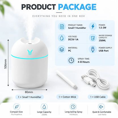 250ML Mini USB Air Humidifier Aroma Diffuser Essential Oil Cool Mist Maker RGB LED Night Light Quiet for Home Car Office Bedroom