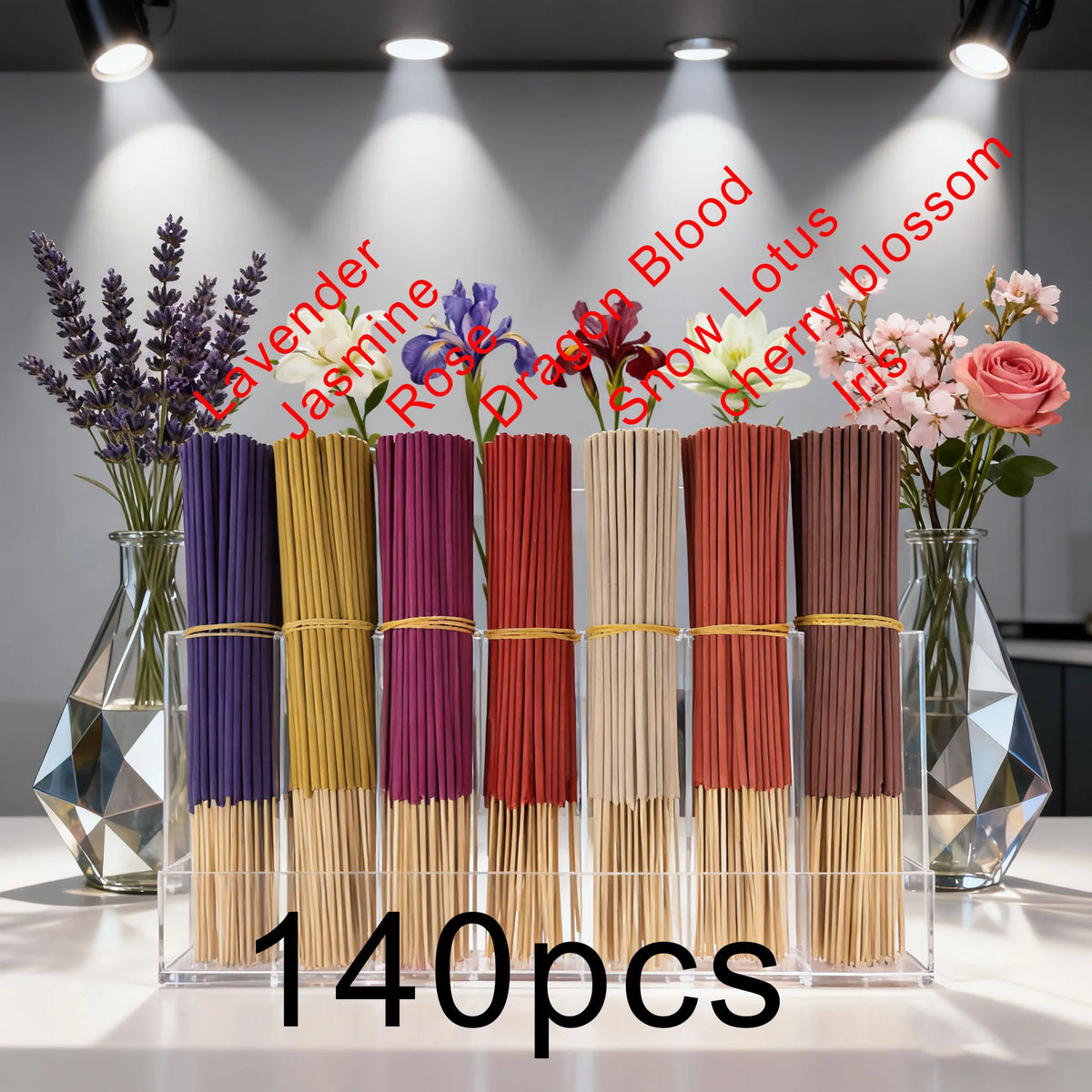 7 Sets of 140 Incense Sticks, Available in Four Seasonal Sets: Rose, Lavender, Sandalwood, Jasmine, Mint, Cherry Blossom, Herbal, and Dragon Blood Wood, with 20 Sticks in Each Pack, Suitable for Home Use, Office, Yoga, Medita