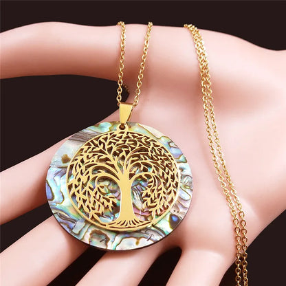 Tree of Life Stainless Steel Abalone Shell Natural Necklace Chain Gold Color Necklaces Mother Pearl Shell Boho Jewelry Collar NX