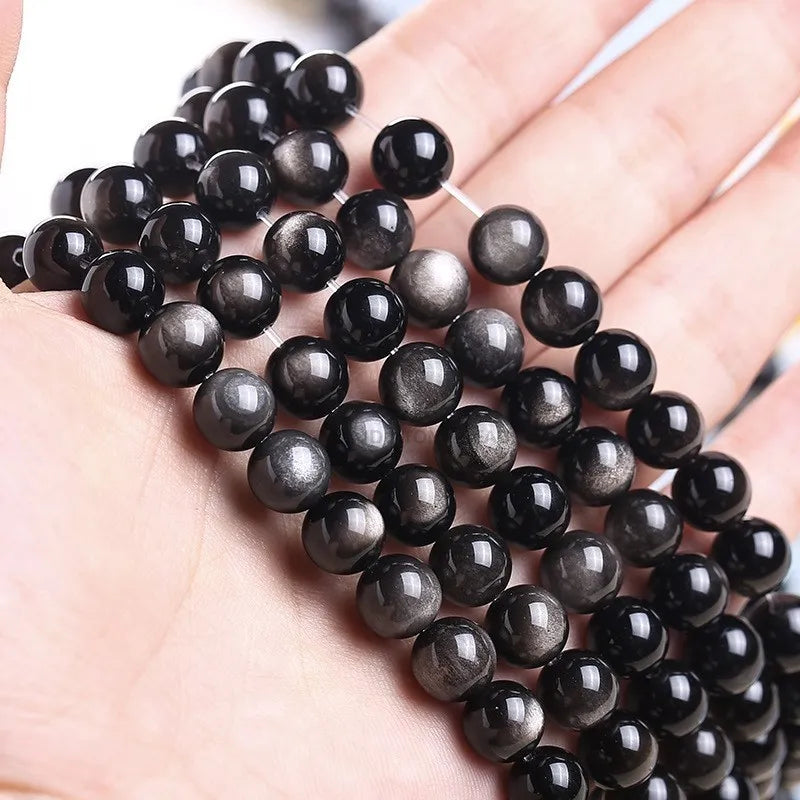 Natural Stone Golden Black Obsidian Bead Shinny Round Loose Gemstone Bead for Jewelry Making Diy Bracelet Necklace Accessory 15"