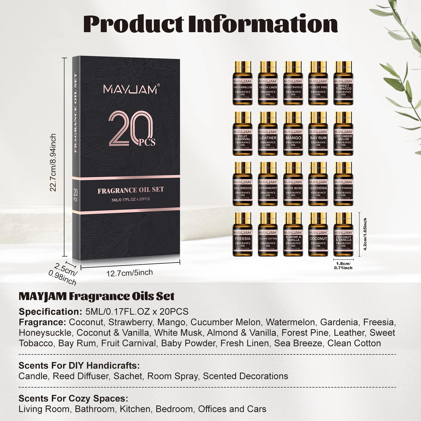 MAYJAM Christmas Gift Set 20pcs Fragrance Oil Coconut & Vanilla Baby Powder Freesia Leather Watermelon Cucumber Melon Aroma Oil