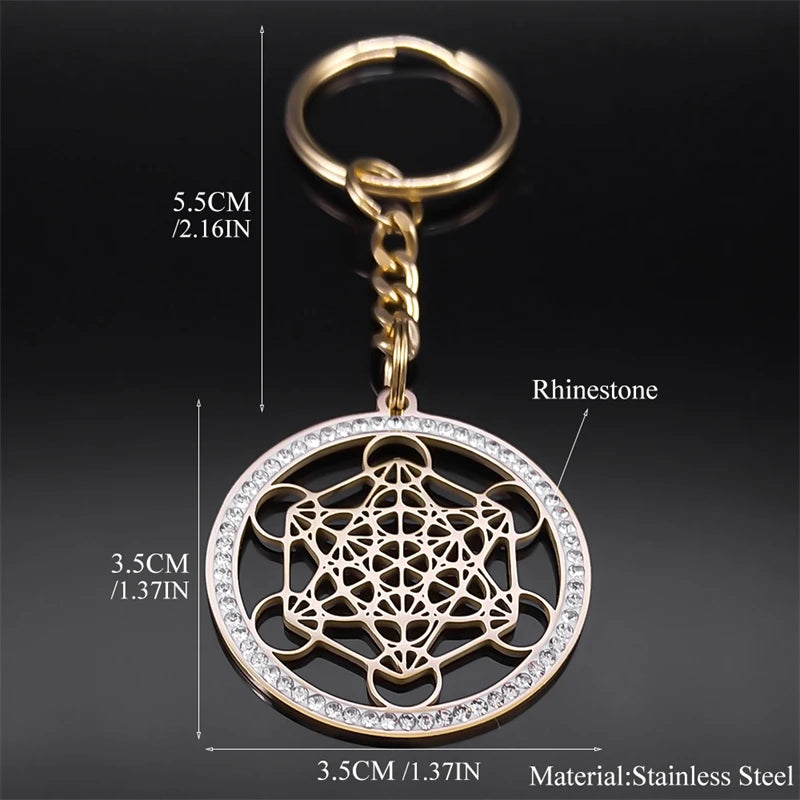Angel Seal Archangel Metatron Sacred Geometry Symbol Key Chain Stainless Steel Flower of Life Bag Charm Key Ring Holder K59S01