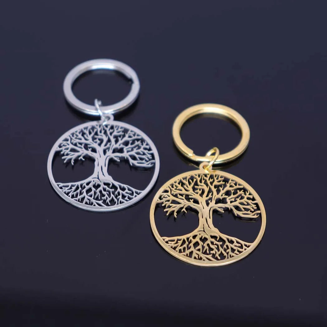 2024 New fashion stainless steel round tree of Life pendant keychain temperament everything with key chain men's and women's acc