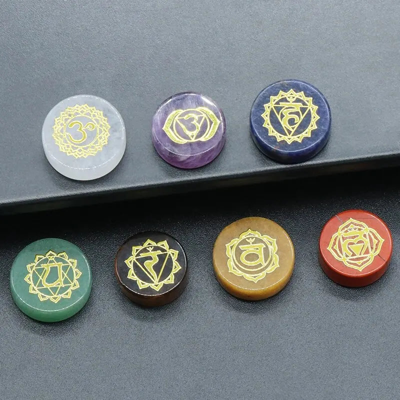 7pcs/Pack Round Shaped 7 Chakra Natural Stone Ornament Amethyst Quartz Energy Engraved Symbols Reiki Divination Healing 16-18mm