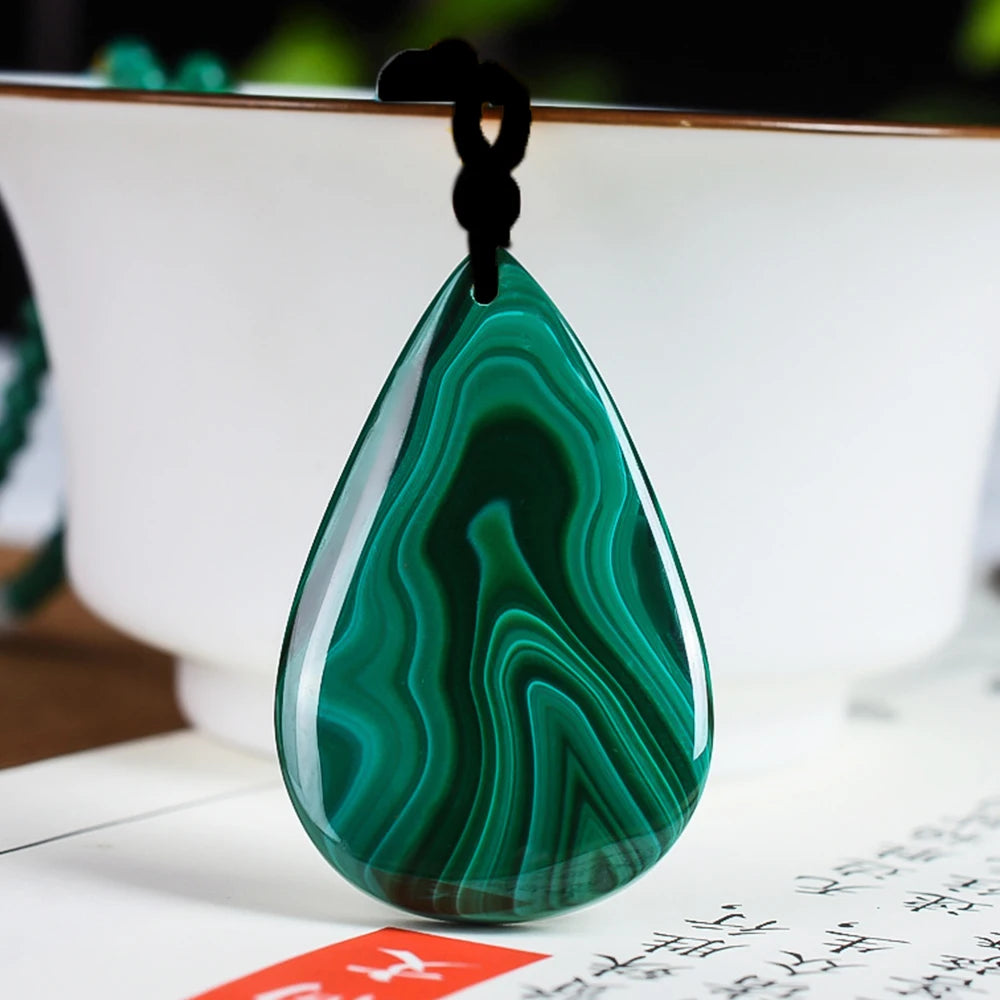 Natural Malachite Pendant Teardrop Shape Healing Crystal Necklace Protection Stone Jewelry for Women Malachite with Certificate