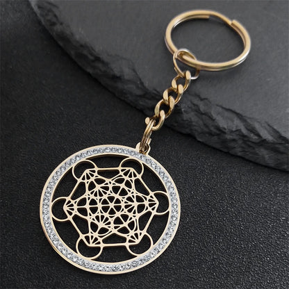 Angel Seal Archangel Metatron Sacred Geometry Symbol Key Chain Stainless Steel Flower of Life Bag Charm Key Ring Holder K59S01