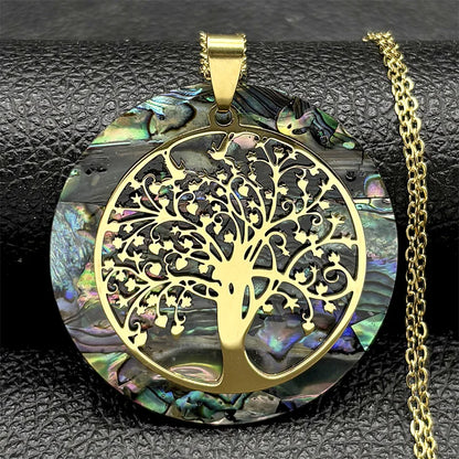 Tree of Life Stainless Steel Abalone Shell Natural Necklace Chain Gold Color Necklaces Mother Pearl Shell Boho Jewelry Collar NX