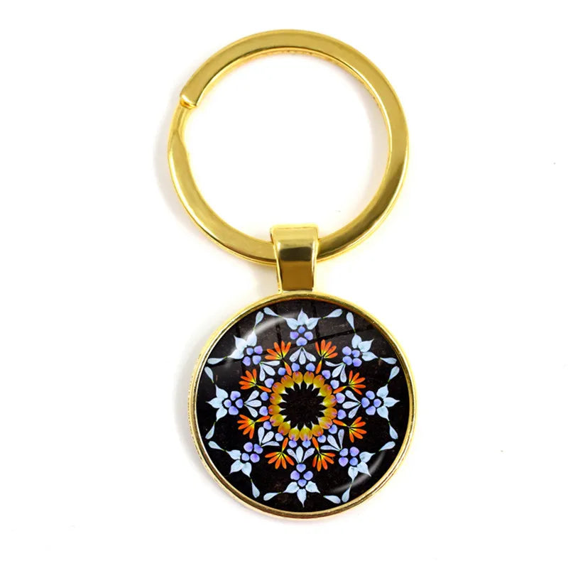 Charm Mandala Art Picture Keychain Henna Yoga Om Symbol Zen Buddhism 25mm Glass Cabochon Keyrings Keyholder For Women Men Gift