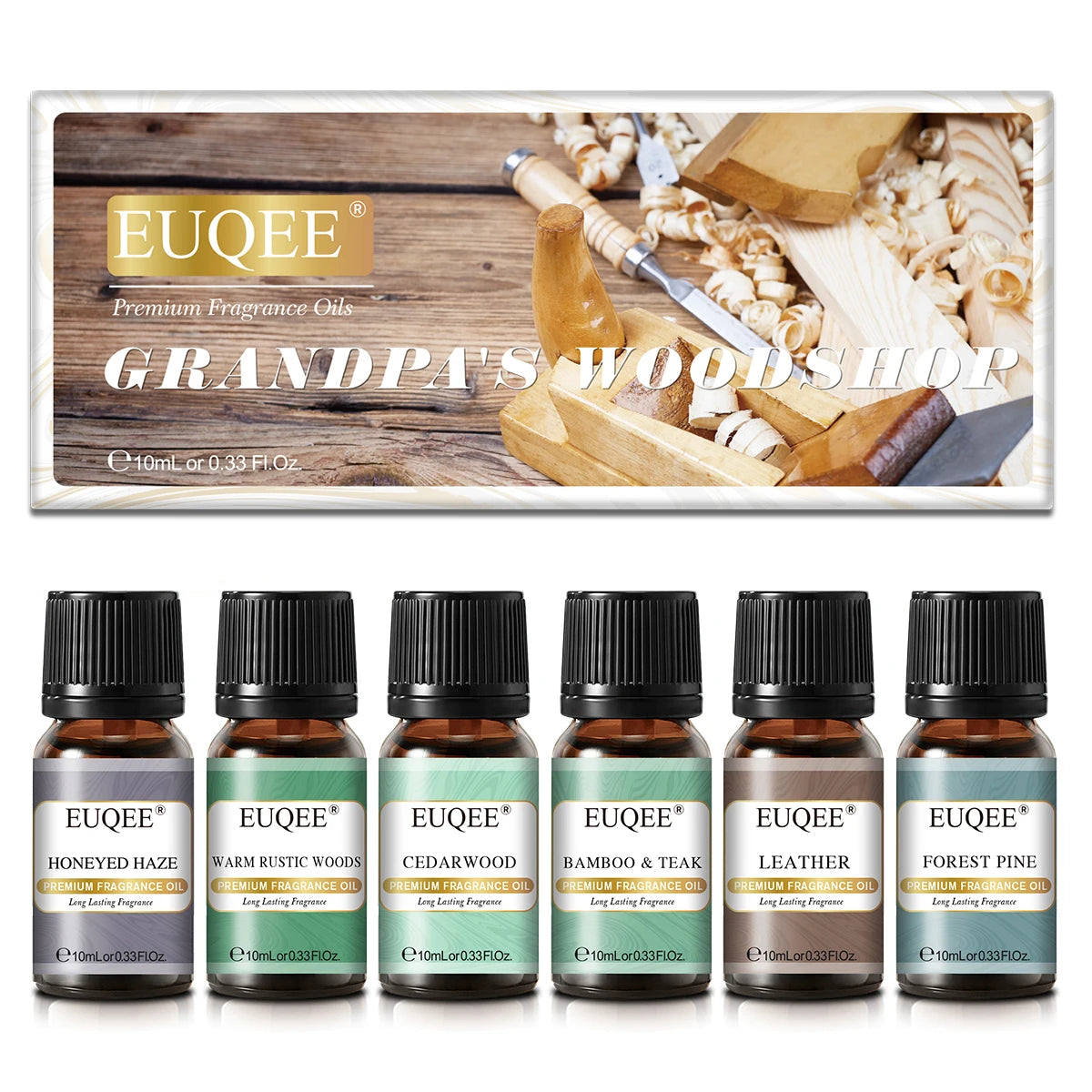 EUQEE 6PCS Aromatherapy Fragrance Oil Gift Set-10ml Cedarwood Bamboo & Teak Leather Aroma Forest Pine Fragrance Oils
