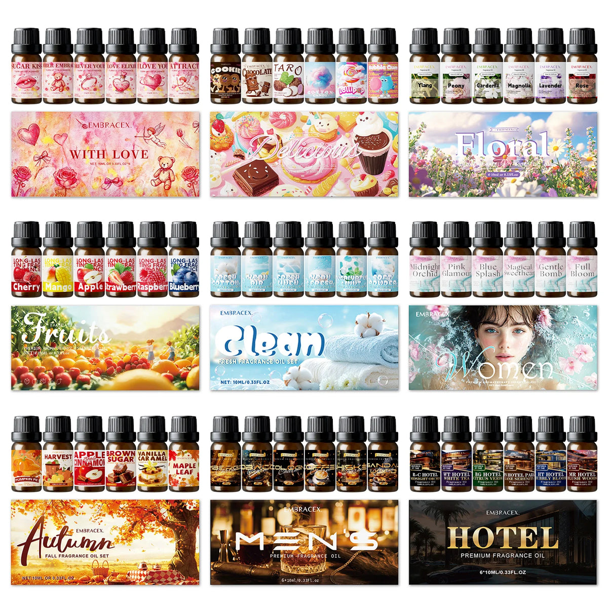 6pc/1Set 10ML Fragrance Oils Gift Set Fruit Delicious Hotel Autumn Scented Aroma Oil Warm Scent Christmas Gift Floral Clean Set