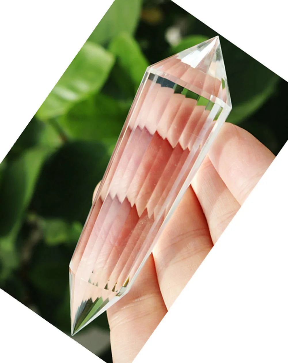 24-side natural clear quartz crystal dot wand, double-ended in lattice style