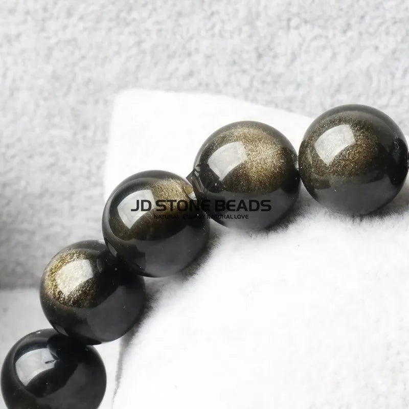 Natural Stone Golden Black Obsidian Bead Shinny Round Loose Gemstone Bead for Jewelry Making Diy Bracelet Necklace Accessory 15"